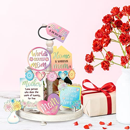 12 Pcs Mother's Day Tiered Tray Decor Happy Mother's Day Sweet Decorations Wooden Centerpiece Items Heart Flower Letters Floral Wooden Table Signs for Mother Gift Decorations Party Supplies - style: Mother