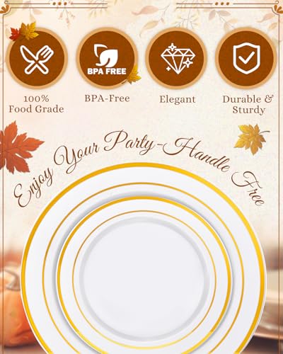 bUCLA 150PCS Gold Plastic Plates Disposable - Heavy Duty Gold Plates Include 25 Dinner & 25 Dessert Plates,25 Forks,25 Knives,25 Spoons&25 Cups for Party, Thanksgiving, Fall Harvest & Autumn - color: Gold