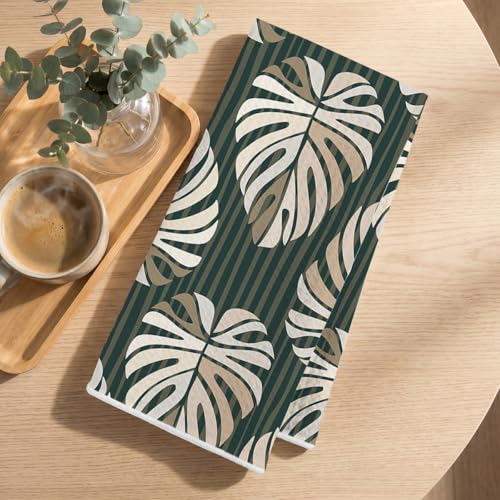 2 Pcs Tropical Palm Leaf Kitchen Towels, Green Stripe Decorative Dish Towel - color: Multi 1396