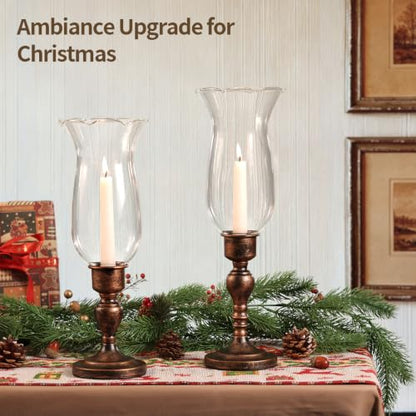 Volens Set of 2 Hurricane Glass Candle Holders with Iron Base & Glass Dome - color: Bronze
