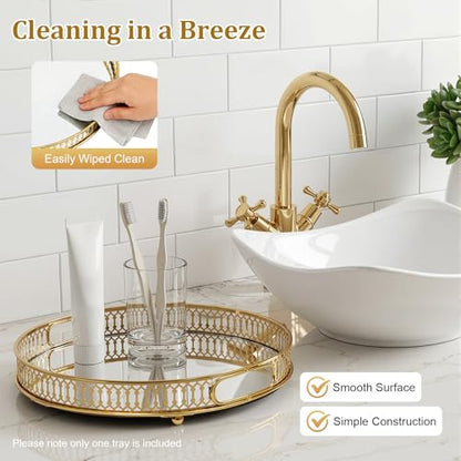 Serving Tray, Gold Perfume Tray 12.6"x1.6" Mirrored Vanity Tray Glass Metal Trinket Storage Tray Decorative Jewelry Tray for Dresser Bathroom Countertop (Round) - size: 12.6"