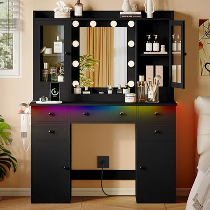 Xixini 44" Vanity Desk with Mirror & Lights, Glass Storage Cabinets, Black - color: Black
