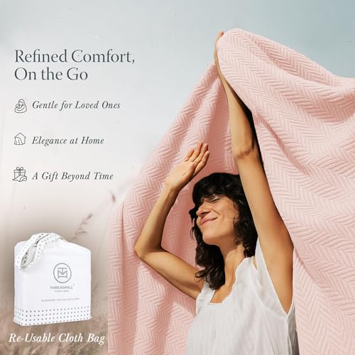 Threadmill Luxury 100% Cotton Queen Herringbone Blanket, English Rose - color: English Rose, size: Queen (90" x 92")