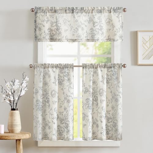 jinchan Grey Floral Linen Kitchen Tier Curtains and Valance Set 3 Pieces - color: Alice | Grey on Linen, size: 26"W x 36"L (Pack of 3)