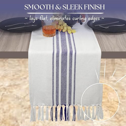 Native Fab Blue Stripe Table Runner - 72 Inches Long Boho Table Covers with Tassels - 100% Cotton, Tight Weave, Non Slip Tablerunner for Dining, Kitchen, Dresser, Wedding, 14"x72" - Blue and White - color: Blue White, size: 14x72
