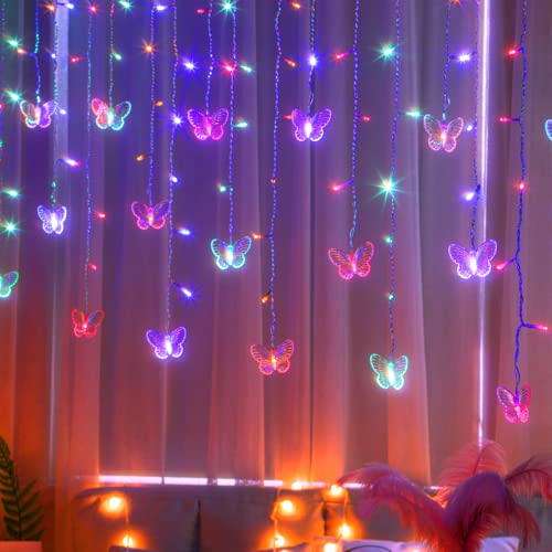 Butterfly Curtain Fairy Lights USB Plug in,120 LED 8 Modes 20FT Firefly Twinkle Icicle String Lights with Remote Timer Waterproof Copper Wire for Bedroom Patio Christmas Wedding Party Dorm(Multicolor) - color: Multicolor