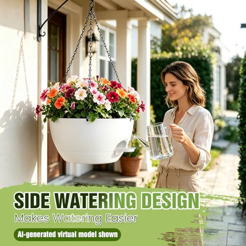 13 Inch Large Self Watering Hanging Planters 2 Pack with Saucers - color: White, size: 13 Inch 2 Pack