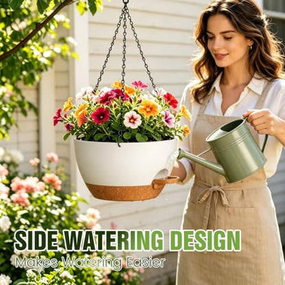 12 Inch Large Self Watering Hanging Planters 2 Pack with Saucers - color: White Brown, size: 12 Inch 2 Pack
