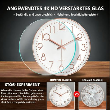 Modern Silent Wall Clock - 12 Inch Wall Clocks Battery Operated Large Number, Non-Ticking Analog Clock with Tempered Glass Quartz Clocks for Living Room Bedroom Office Kitchen, Rose Gold - color: Rose Gold, size: 12 Inch