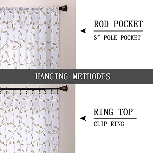 Tollpiz Leaves Sheer Tier Curtain Taupe Leaf Embroidery Kitchen Half Curtains Rod Pocket Voile Faux Linen Embroidered Leaves Curtain for Bathroom, 30 x 36 inches Long, Set of 2 Panels - color: Taupe, size: 30"W x 36"L (Pack of 2)