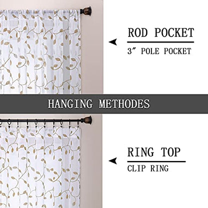 Tollpiz Leaves Sheer Tier Curtain Taupe Leaf Embroidery Kitchen Half Curtains Rod Pocket Voile Faux Linen Embroidered Leaves Curtain for Bathroom, 30 x 36 inches Long, Set of 2 Panels - color: Taupe, size: 30"W x 36"L (Pack of 2)