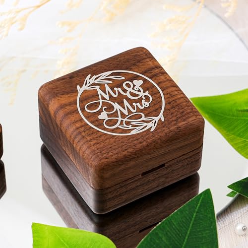 KWOOD Custom Wooden Wedding Ring Box for 2 Rings, Engraved Mr & Mrs Double Ring Holder for Wedding Ceremony Ring Bearer Box Anniversary Birthday Gift Ideas - style: S-Mr & Mrs