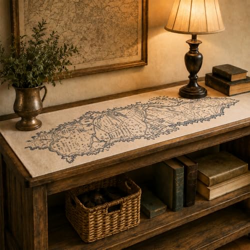 Preboun Retro Earth Map Linen Table Runner, Halloween Medieval Decor - style: Retro Fantasy Map