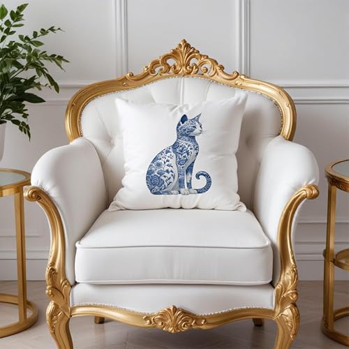 Blue and White Chinoiserie Floral Pillow Covers 18x18, Gifts for Cat Lovers Mom Lady Owners, Elegant Kitten Kitty Decorative Pillow Covers for Home Bedroom Living Room Decor, Pet Lover Gifts - color: Style18