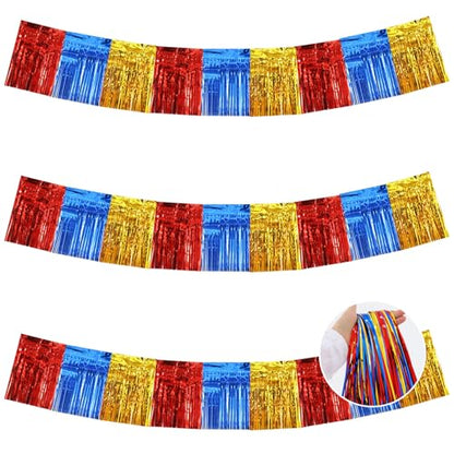 BEISHIDA Red Blue Gold Fringe Garland Banner 30ft Wall Tinsel Foil Streamer - color: Gold Red Blue