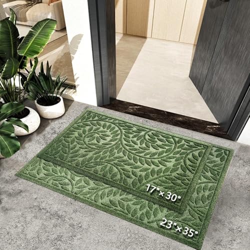 Bulijojo Front Door Mat Entrance,Durable Heavy Duty Welcome Mat,Thick Absorbent Natural Rubber Non Slip Mat,Sturdy Entryway Green 23"x35" - color: Green, size: 1'11" x 2'11" (Leaf)
