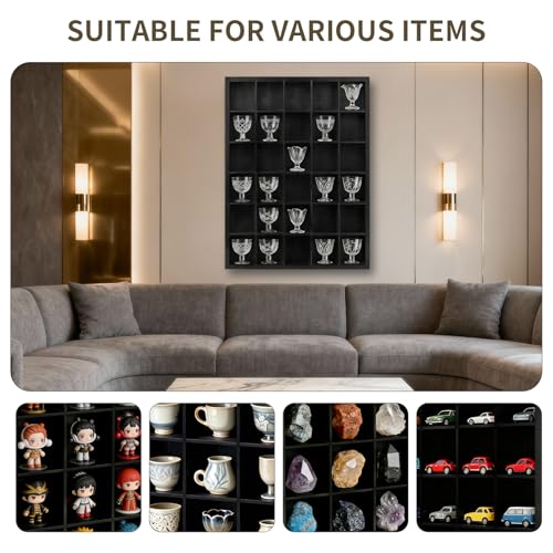 2 Pack Shot Glass Display Case - Black Wooden Wall Mounted Shadow Box Cabinet - 30 Slots, Removable Adjustable Shelves for Miniatures, Thimbles, Bar Home Kitchen Decor, 16.9x12.2 Inch, Black