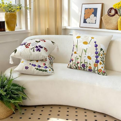 Floral Embroidered Pillow Covers 18x18 Inch Set of 1, White Daisy - color: Falling Petals
