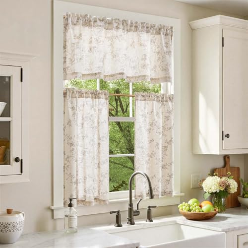 jinchan Taupe Linen Floral Kitchen Tier Curtains and Valance Set 3 Pieces - color: Alisa | Taupe on Linen, size: 26"W x 36"L (Pack of 3)
