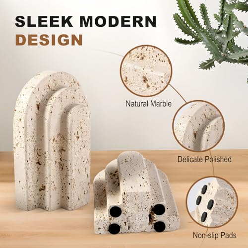 Natural Marble Book Ends - Heavy Duty Bookends for Shelves - Aesthetic Layered Arch Design Stone Book Holders, Unique Modern Office Bookshelf Stopper Decor for Books/CDs(Travertino Turkey) - style: Arched-Beige