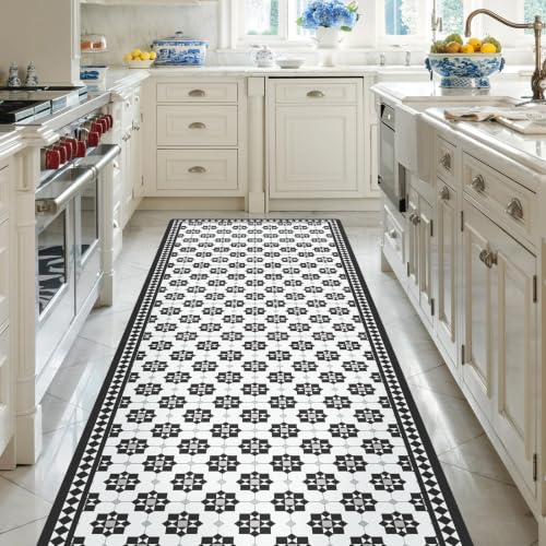 2' x 6' Waterproof Rug-Look Vinyl Hallway Runner Mat, Easy-Clean Durable - color: Black&white, size: 2' x 6' (Rectangular)