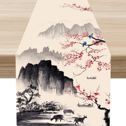 Japanese Table Runner, Traditional Cherry Blossom Vintage Asian Oriental Bird Line Art Print Table Decor for Family Kitchen Holiday Party Table Decorations Indoor Outdoor 13x36 inch - color: Cherry Blossom-7, size: 13x36" Table Runner
