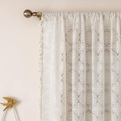 Sheer Boho Lace Curtains 63 Inches Long, Natural White, Set of 2 Panels - color: Natural White, size: 59"W x 63"L (Pack of 2)