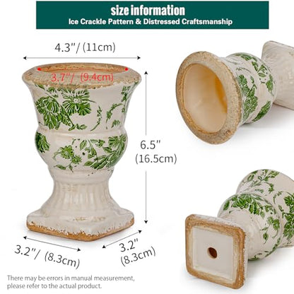 Sungmor Small Ceramic Urn Planter - Green Floral Pedestal Flower Pot - color: Green