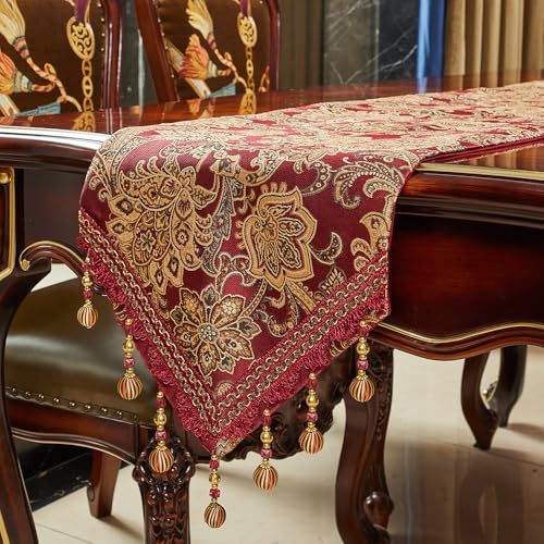 Luxury Vintage Table Runner 120 inches Long Embroidery Jacquard Fabric with Multi-Tassels Table Runners for Dining Room Dresser Wedding Christmas Thanksgiving Party Decorations (Red, 12X120inch) - color: Red, size: 12X120inch