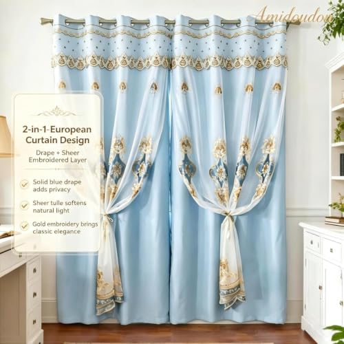 Amidoudou 1 Pair European Double Layer Curtains with Sheer Curtains for Living Room Bedroom Luxury Embroidered Blackout Curtains (Blue,52x84 Inch) - color: Blue, size: 52"W x 84"L (Pack of 2)