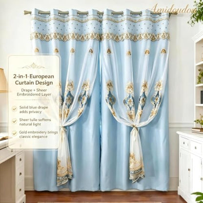 Amidoudou 1 Pair European Double Layer Curtains with Sheer Curtains for Living Room Bedroom Luxury Embroidered Blackout Curtains (Blue,52x84 Inch) - color: Blue, size: 52"W x 84"L (Pack of 2)
