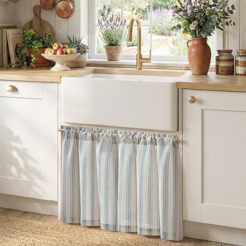 jinchan Linen Striped Tier Curtains for Kitchen Windows Farmhouse - color: Striped Blue | on Beige, size: 26"W x 24"L (Pack of 2)