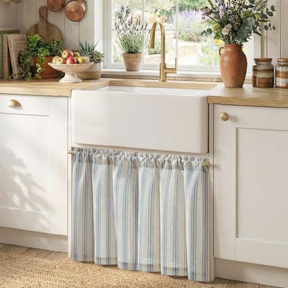 jinchan Linen Striped Tier Curtains for Kitchen Windows Farmhouse - color: Striped Blue | on Beige, size: 26"W x 24"L (Pack of 2)