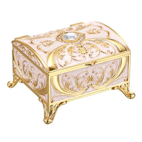 Small Jewelry Box Treasure Box Vinatge Enamel Trinket Organzier Hand Painted Jewelry Chest Case Golded Metal Jewelry Keepsake Box for Earrings Rings Gift for Christmas Wedding,Beige - style: Treasure Chest Style