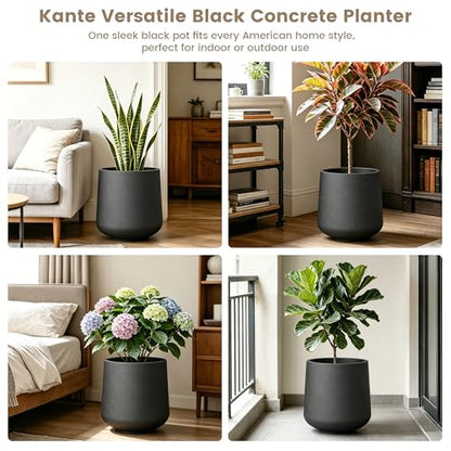 Kante Accent Round Curved Black Concrete Planter 13" Dia, Outdoor - color: Burnished Black, size: 13" D