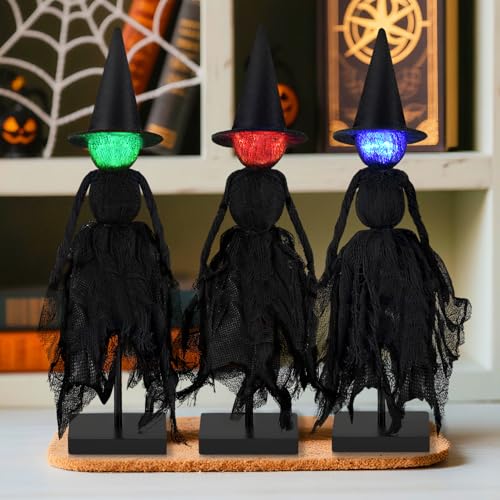 Halloween Decorations Indoor, Set of 3 Lighted Primitive Witch with Hat, Spooky Black Witches Figurines LED Lights Standing Table Decor Scary Table Centerpieces Tiered Tray Decor Shelves Mantels Home
