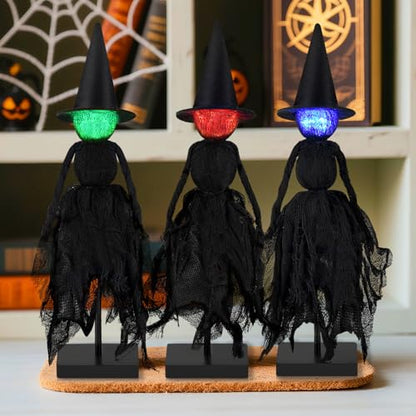 Halloween Decorations Indoor, Set of 3 Lighted Primitive Witch with Hat, Spooky Black Witches Figurines LED Lights Standing Table Decor Scary Table Centerpieces Tiered Tray Decor Shelves Mantels Home