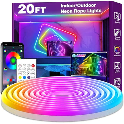 AILBTON 20FT Neon Rope Lights, RGB LED Strip Lights, Waterproof IP67 LED Lights for Bedroom, DIY Design, Music Sync, Remote Control, Multiple Modes for Bedroom - size: 20FT