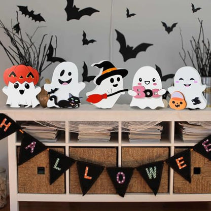 Cute Ghost Halloween Decorations Indoor: Wooden Ghost Decor Table Signs Set of 5 for Home Tiered Tray Mantel Display - style: Cute Ghost