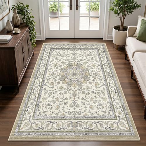 Arenarug 3x5 Area Rug for Entryway, Washable Distressed Vintage Boho Floral Rug, Soft Low Pile Non Slip Stain & Fade Resistant Carpet for Living Room, Bedroom, Kitchen, Ivory Cream Beige - color: Ivory / Pale Beige, size: 3' x 5' (Rectangular)