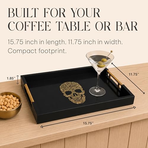 Gothic Skull Serving Tray, Black Gloss, Gold Handles by Death Decor - style: SKULL