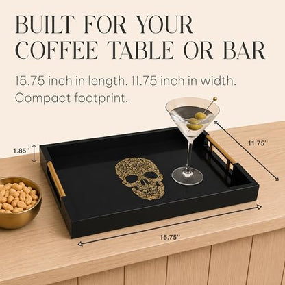 Gothic Skull Serving Tray, Black Gloss, Gold Handles by Death Decor - style: SKULL