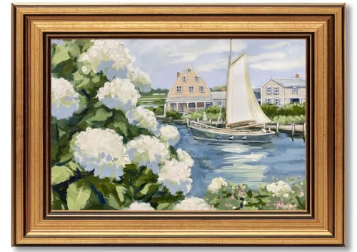 Gold Framed Vintage Coastal Canvas Wall Art, Hydrangea Seascape Painting Picture Wall Decor, Sailboat Seaside Summer Poster Print Artwork for Living Room,Seaside Cabin, Home Decoration 9x11in - color: Sailboat Framed, size: 11"L x 9"W