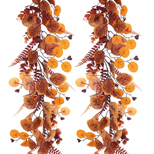 RECUTMS 2P Fall Eucalyptus Leaf Vine with Boston Fern 5.74FT Autumn Garland - color: 2pcs Fall Eucalyptus Garlands