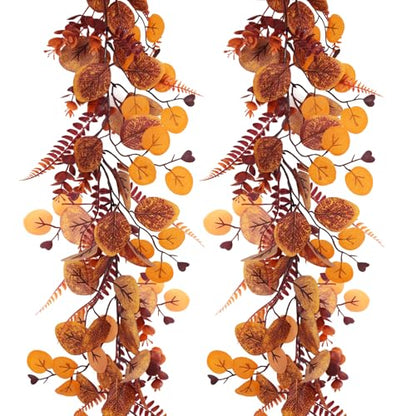 RECUTMS 2P Fall Eucalyptus Leaf Vine with Boston Fern 5.74FT Autumn Garland - color: 2pcs Fall Eucalyptus Garlands