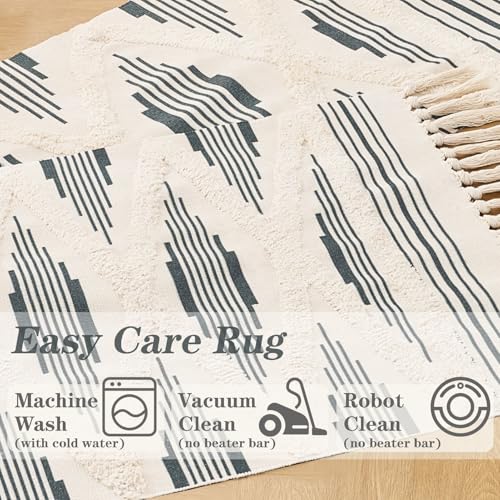Boho Runner Rug Washable Hallway Rug Runner, Tufted Woven Cotton Farmhouse Area Floor Mat for Bedroom, Modern Diamond Entryway Carpet with Tassels (Grey, 2'x4.3') - size: 2' x 4'3" (Rectangular)