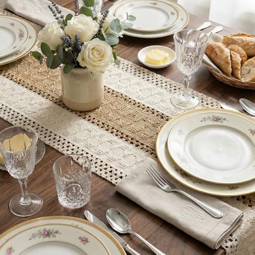 Boho Macrame Table Runner with Tassels 48in Brown Farmhouse Runner - color: White & Brown, size: 12'' x 48''