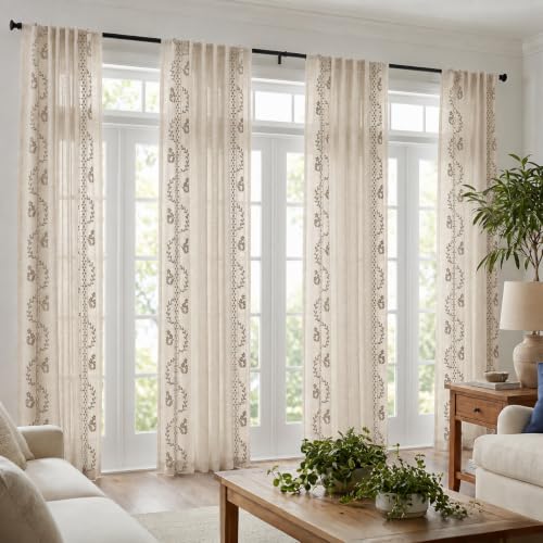 Deconovo Floral Linen Sheer Curtains 84 Inch Long for Living Room 2 Panels - color: Beige/Meadow Floral/Back Tab, size: 50"W x 84"L (Pack of 2)