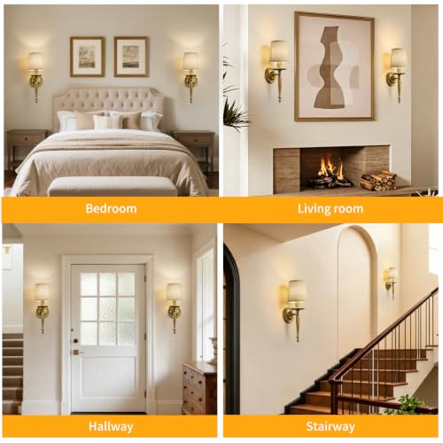 Rechargeable Wall Sconces Set of 2, Antique Brass Wall Lamps with Linen Shade, 10000mAh Battery Operated Wireless Lights, No Hardwiring Required, for Bedroom & Living Room