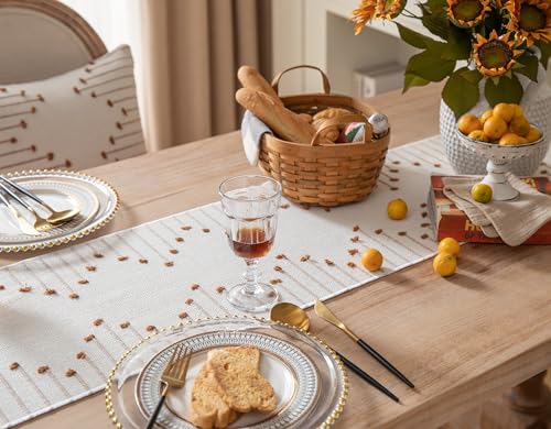 Caflife Brown Beige Cotton Linen Rustic Boho Table Runner 13x108 Inch Long - color: Brown Beige, size: 13x108Inch